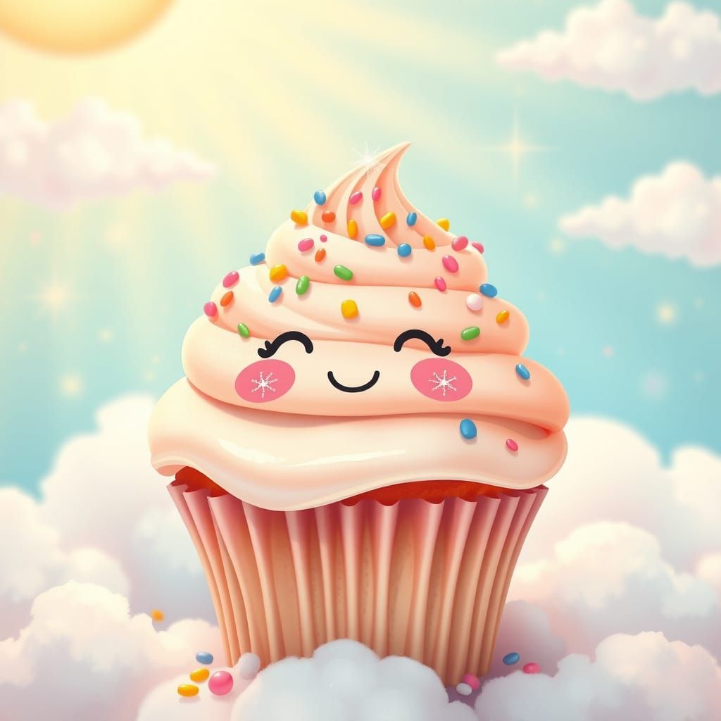 Pastel Cupcake with Blushing Face in Cloudscape