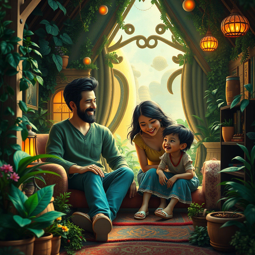 Happy Family in Whimsical Home, Fantasy Art