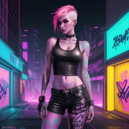 Cyberpunk Woman in Neon Cityscape Digital Art