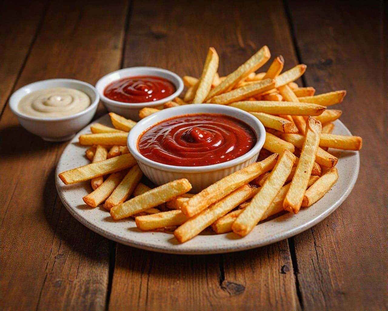 Crispy French Fries with Sauces: Professional Food Photograp...