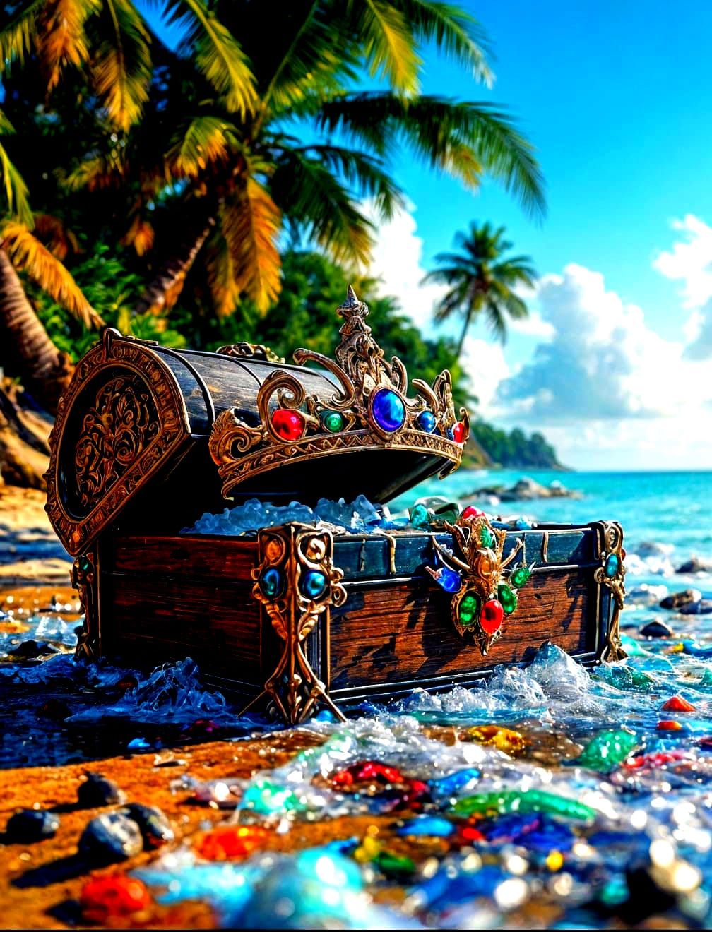 Pirate Treasure Chest Washed Ashore with Gleaming Crown