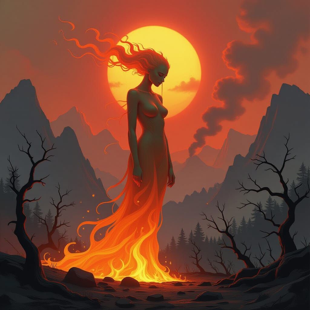 Ethereal Flame Woman in Desolate Landscape