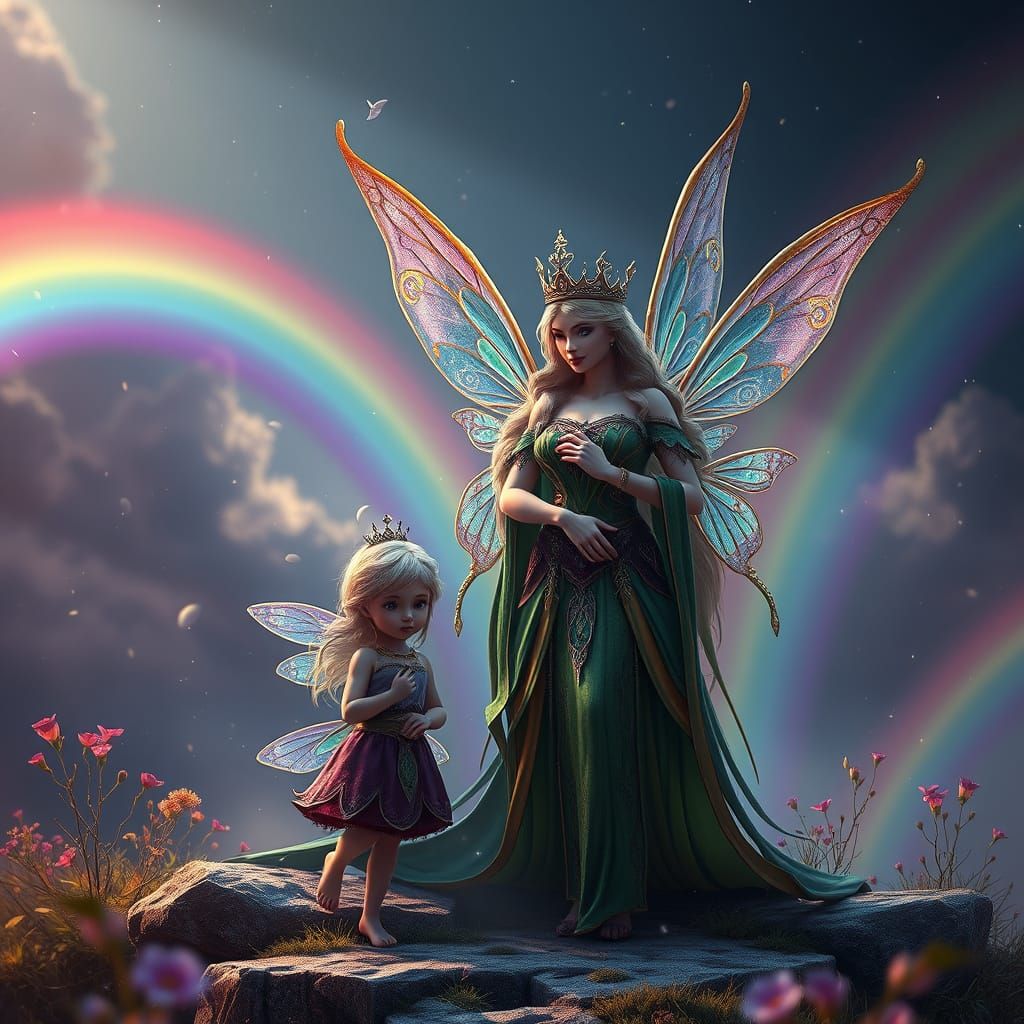 Luminous Gathering of Fairies Amidst Vibrant Rainbows
