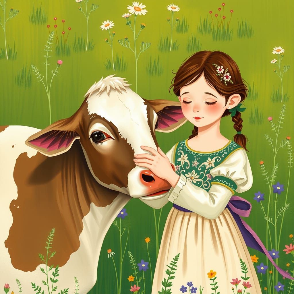 Gentle Peasant Girl Petting a Cow in a Whimsical Gouache Sce...
