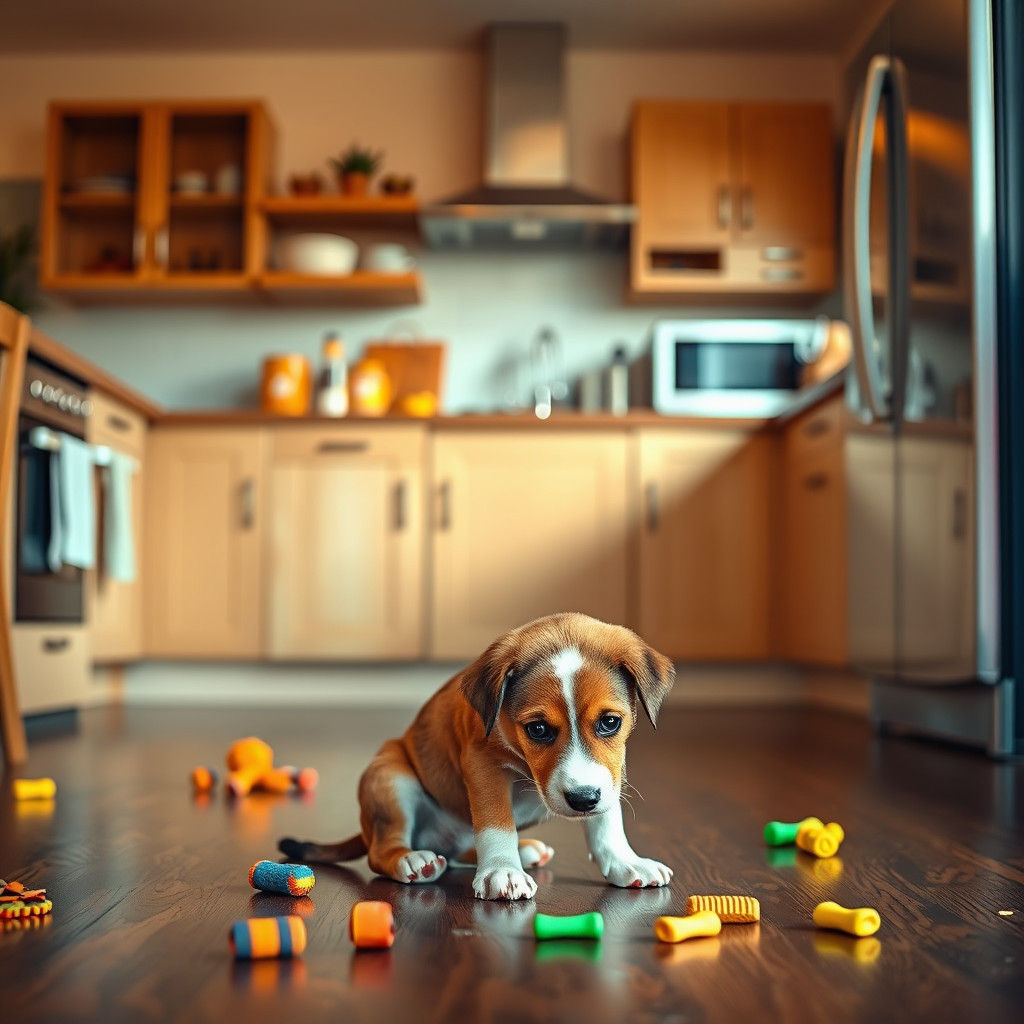 Melancholic Puppy in Bright Modern Kitchen