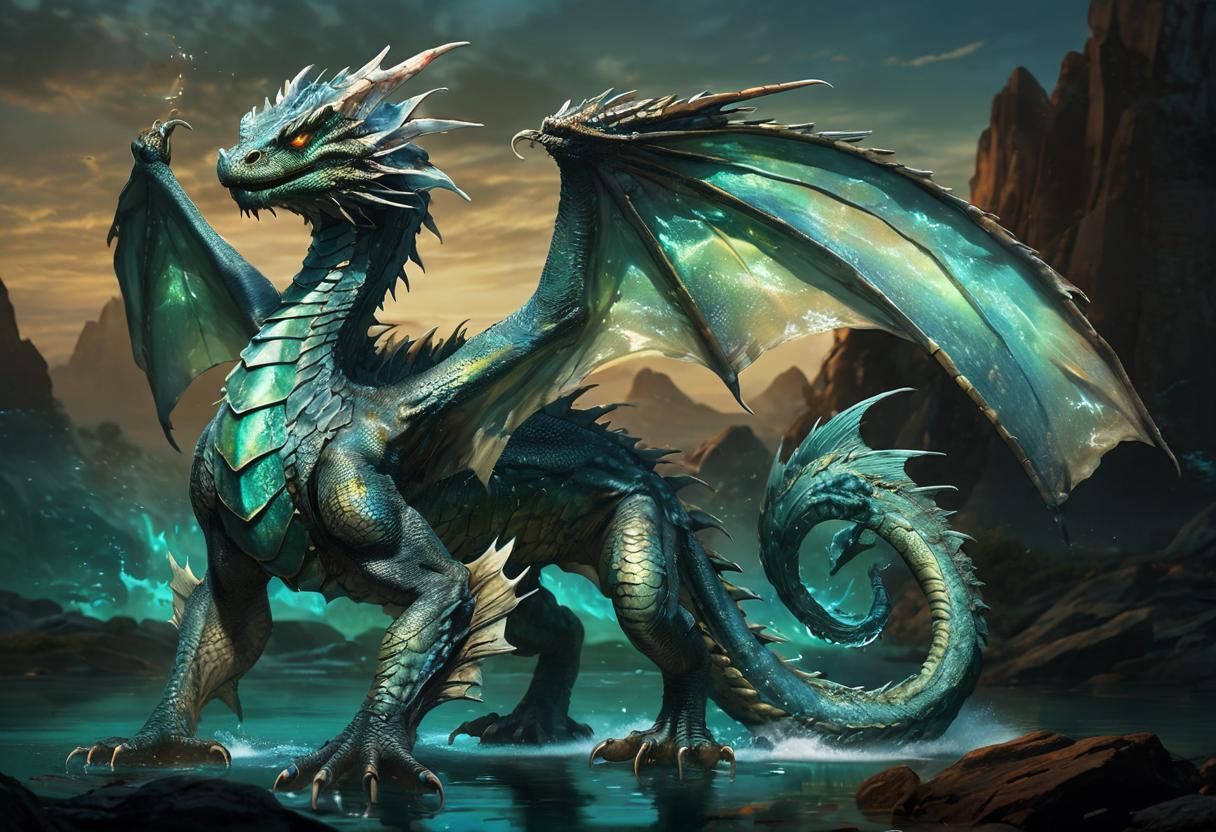 Bioluminescent Water Dragon with Wide Open Wings