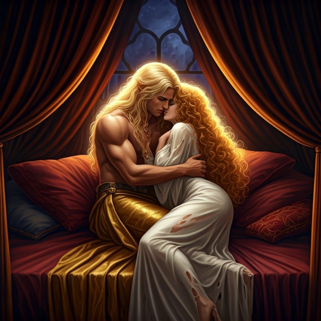 Majestic Fiery-Haired Lover in Intimate Embrace