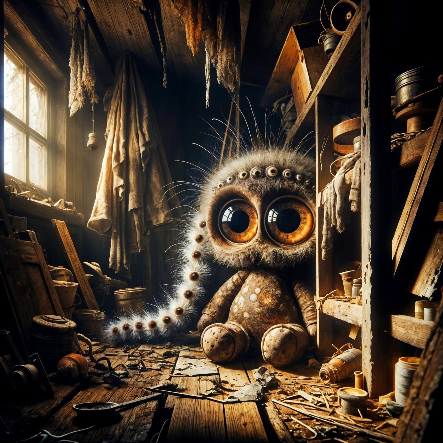 Eerie Attic Doll with Caterpillar, Folkloric Art