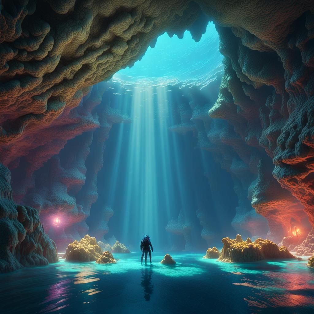 Scuba Diving in a Sunlit Blue Cave