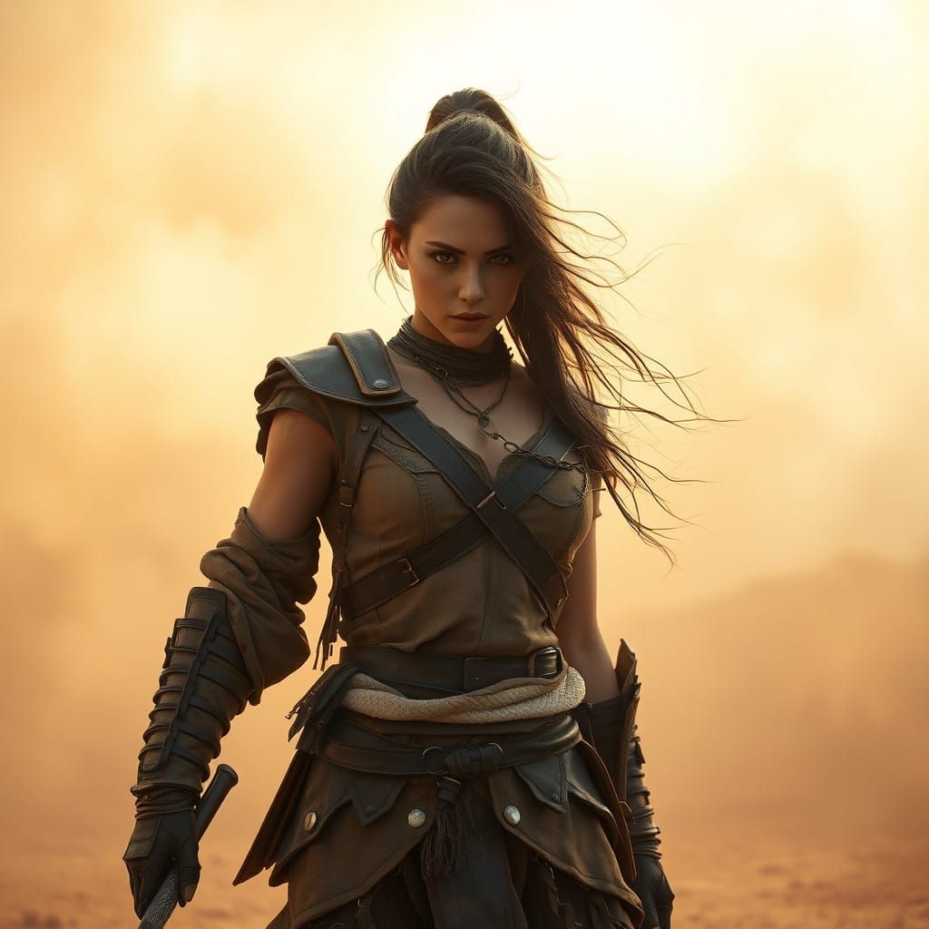 Post-Apocalyptic Warrior Woman in Dreamlike Desert Landscape
