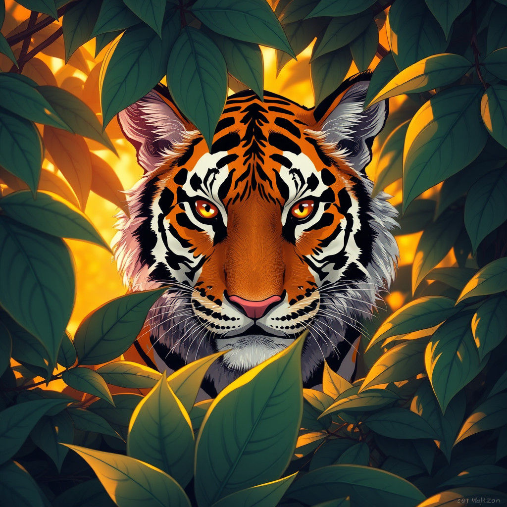 Tiger Peeking Through Leaves in Anime Style