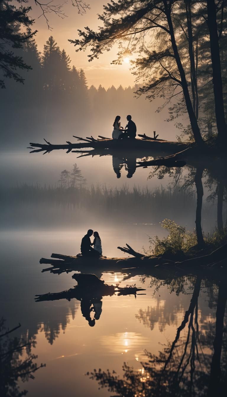 Romantic Silhouette by Glistening Lake at Night