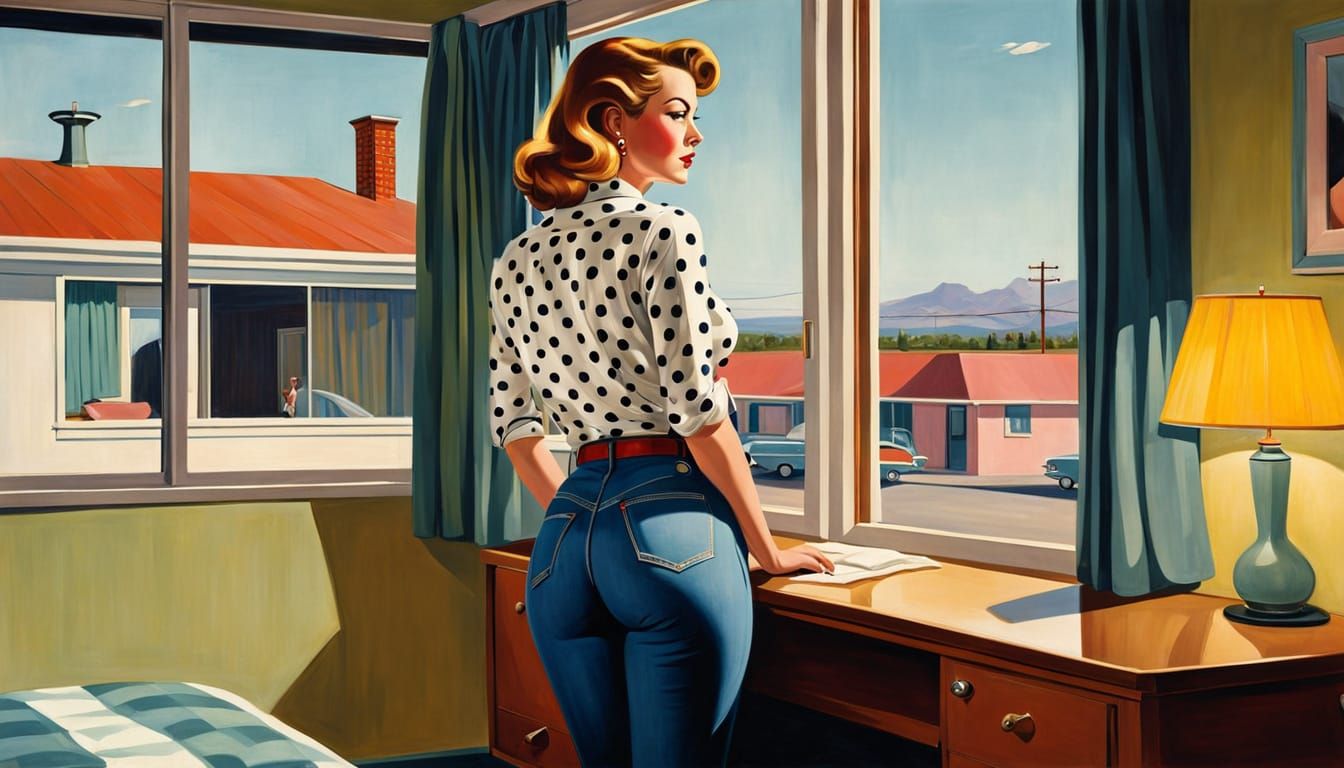 Beatnik Woman Gazes Out 1950s Motel Window