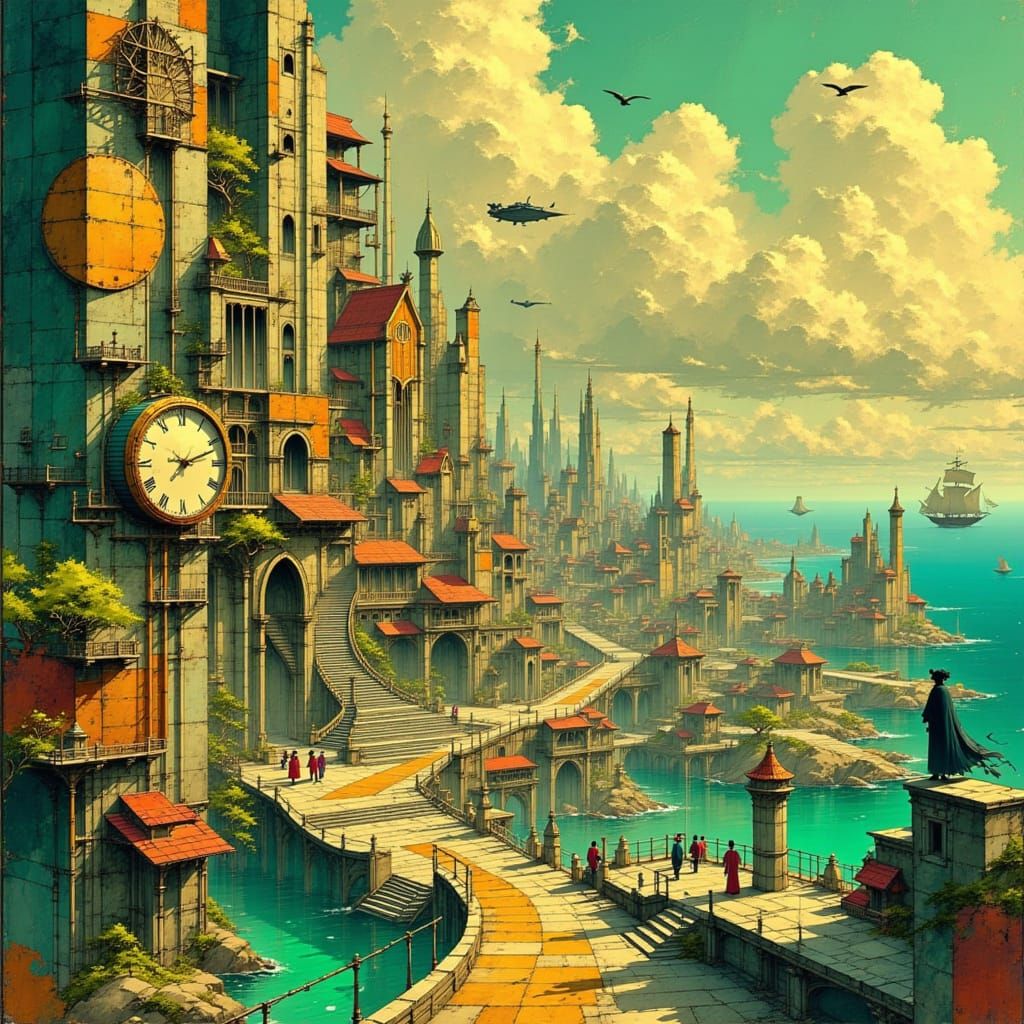 Steampunk Coastal City with Clockwork Towers and Airships