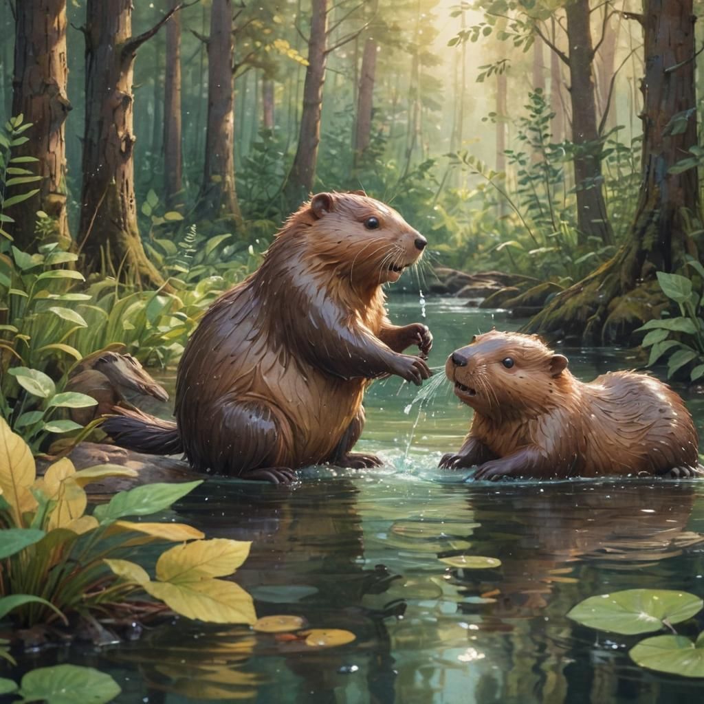 Playful Beavers in Forest: Whimsical Cartoon