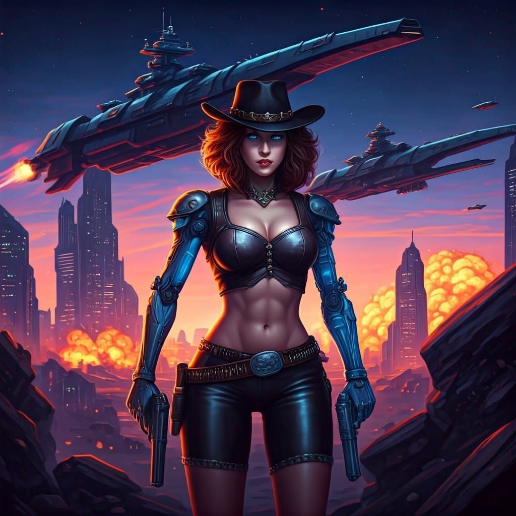 Cyberpunk Cowboy Girl in Retro-Futuristic Cityscape
