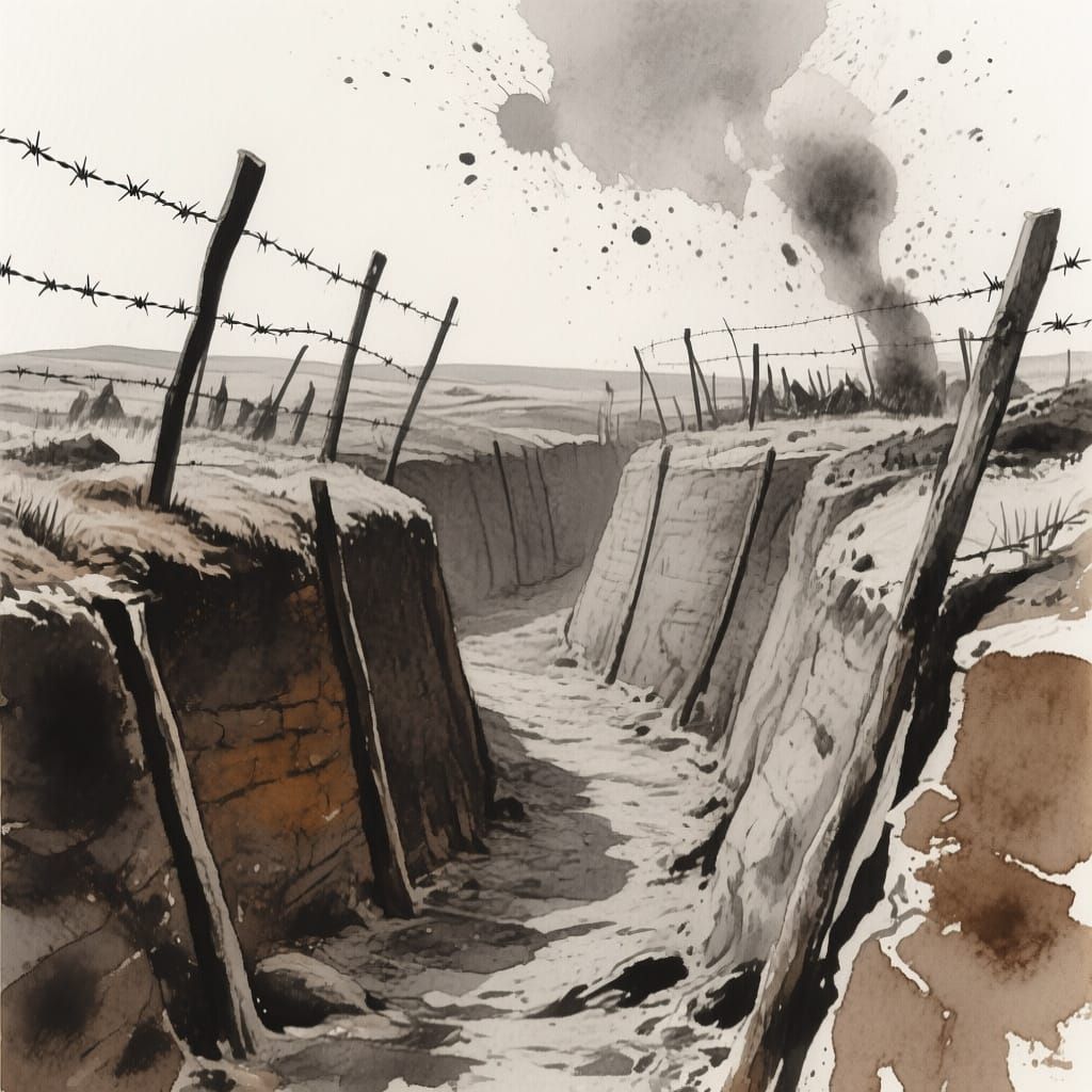 Somme Battleground in Monochrome Watercolour