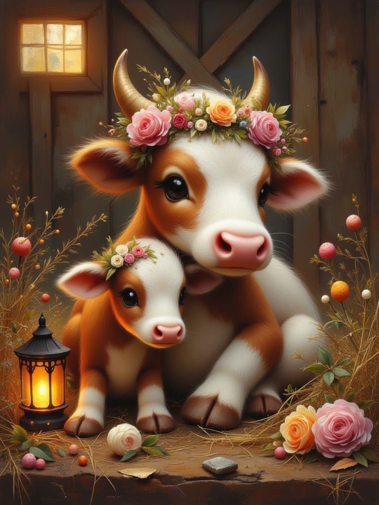 Cow Mother and Calf in Dreamy Surrealist Style