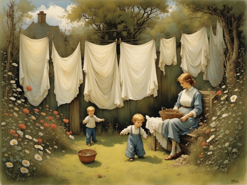 Mother and Children Play in a Delicate Backyard Scene