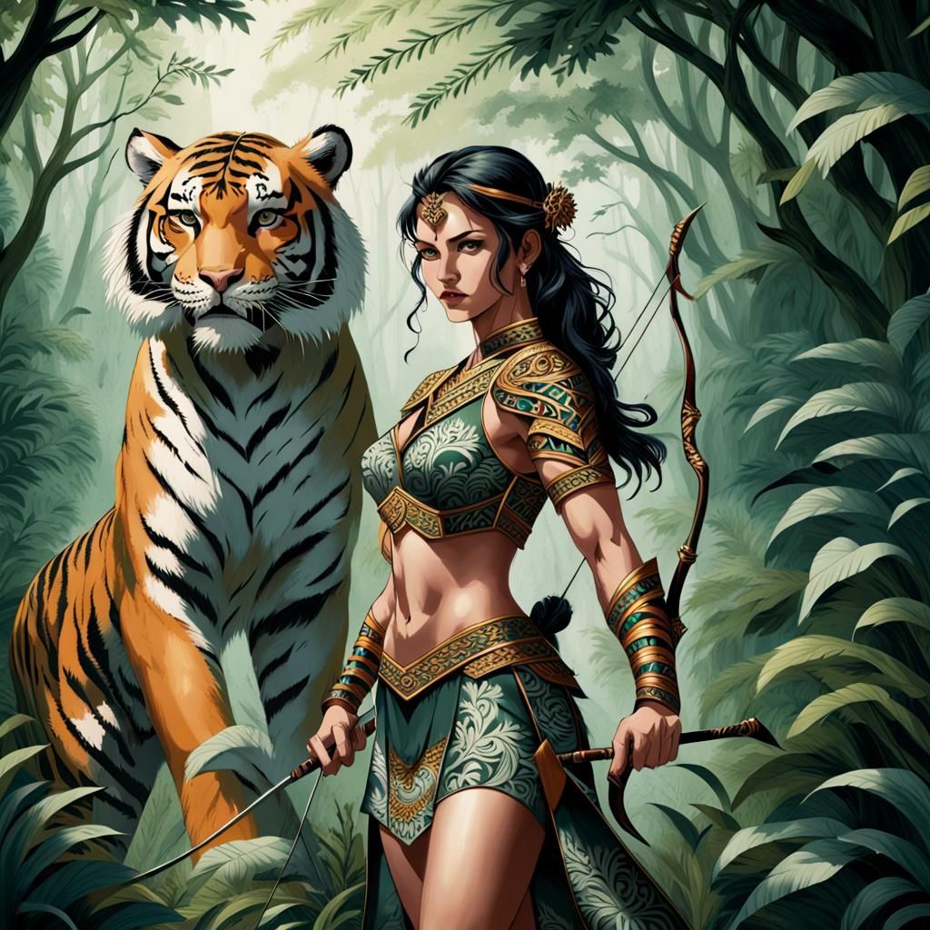 Female Warrior Aims Bow at Tiger in Greenery