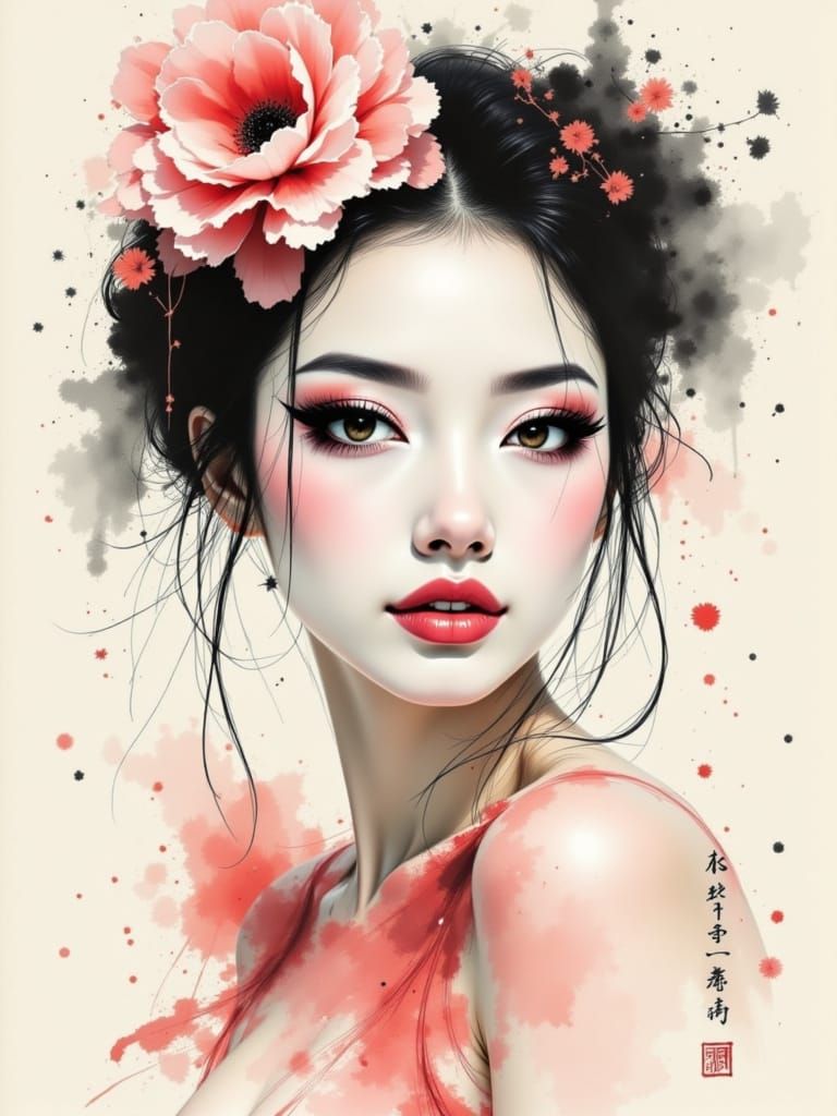 Ethereal Portrait in Japanese Ink Brush Style