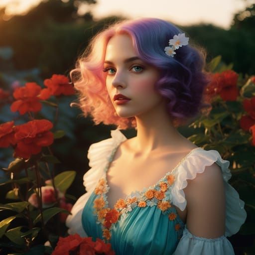 Ethereal Woman in Garden at Sunset, Pre-Raphaelite Style