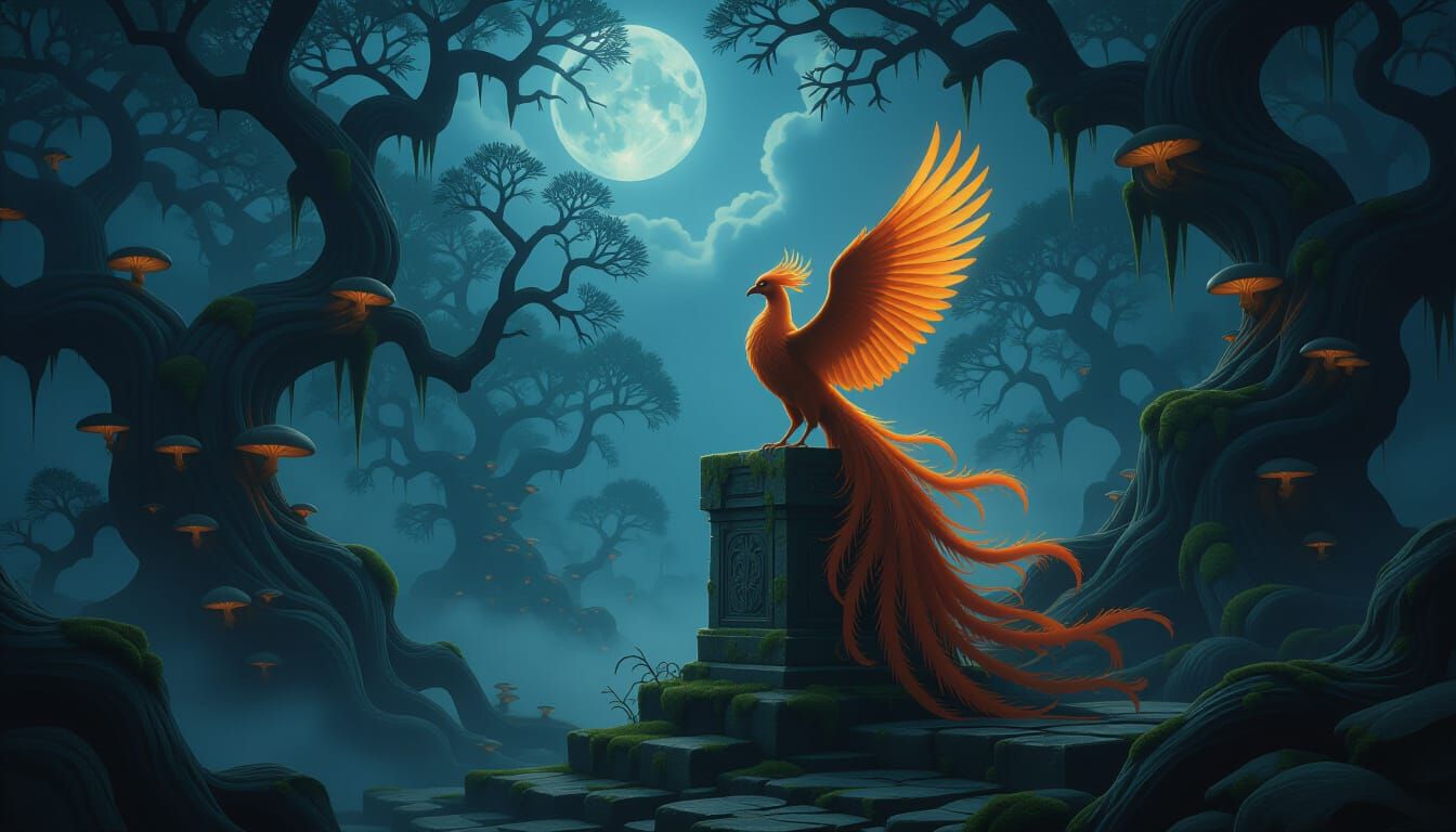 Solitary Phoenix in Moonlit Dark Fantasy Forest