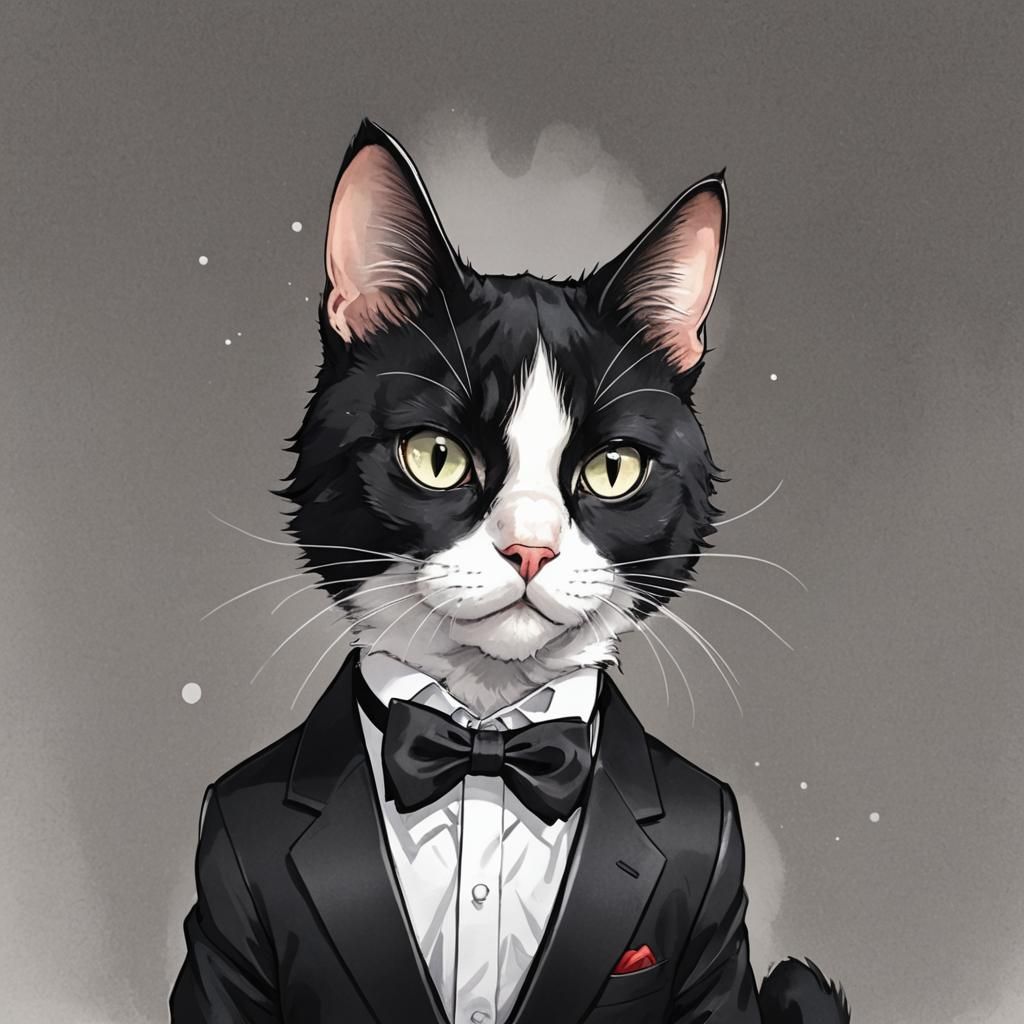 Tuxedo Cat in Tuxedo Suit, Anime Style