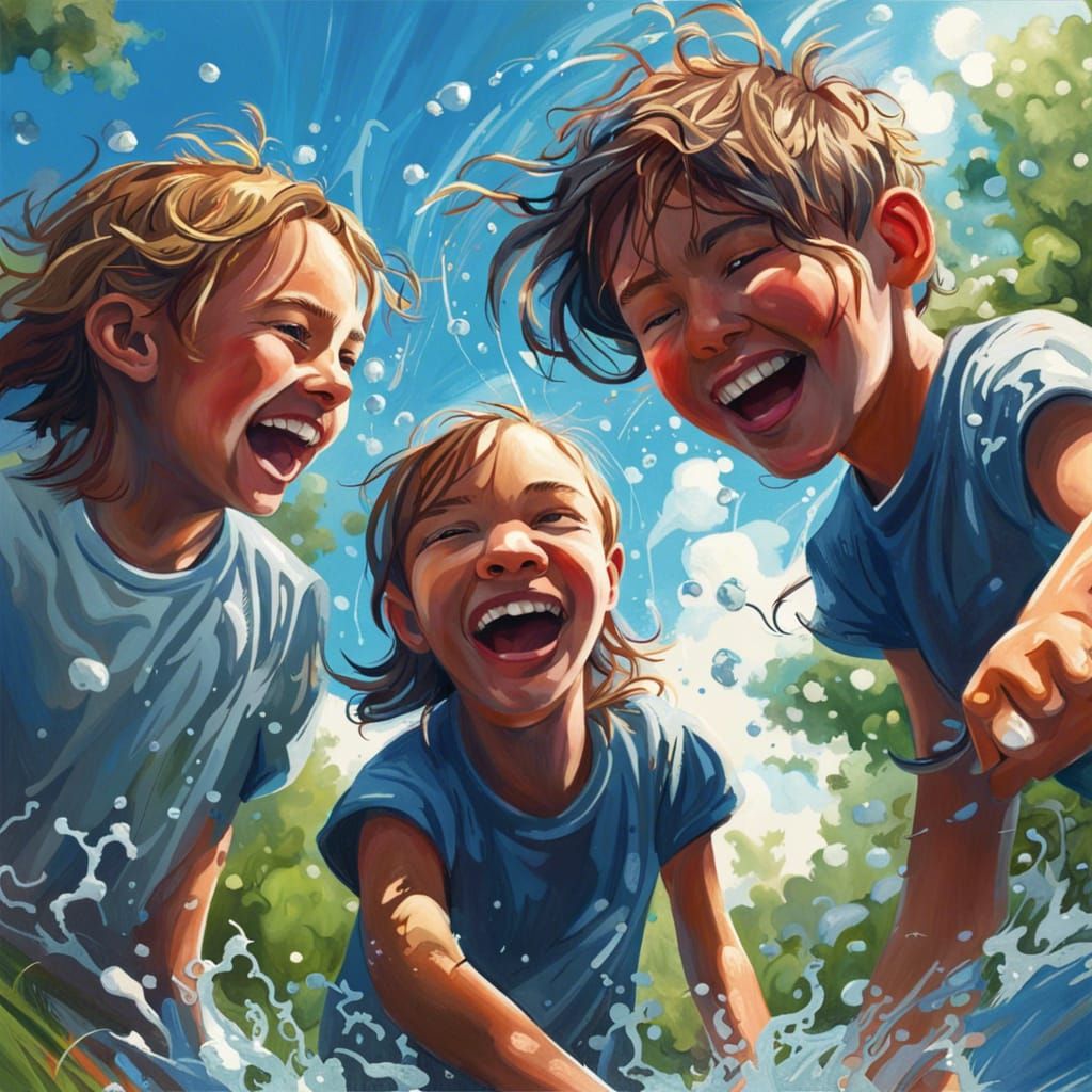 Children Playing at a Pond in Splash Art Style