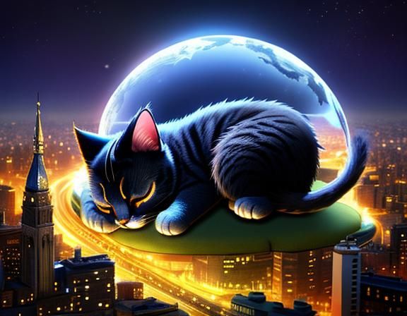 Cute Cat Sleeping in Mystical City