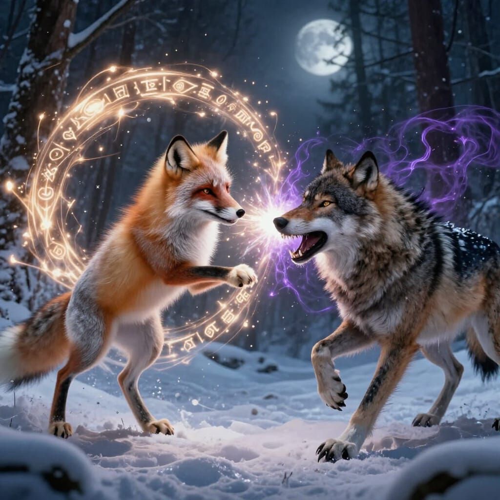 Arctic Fox vs Wolf Magical Duel in Snowy Forest
