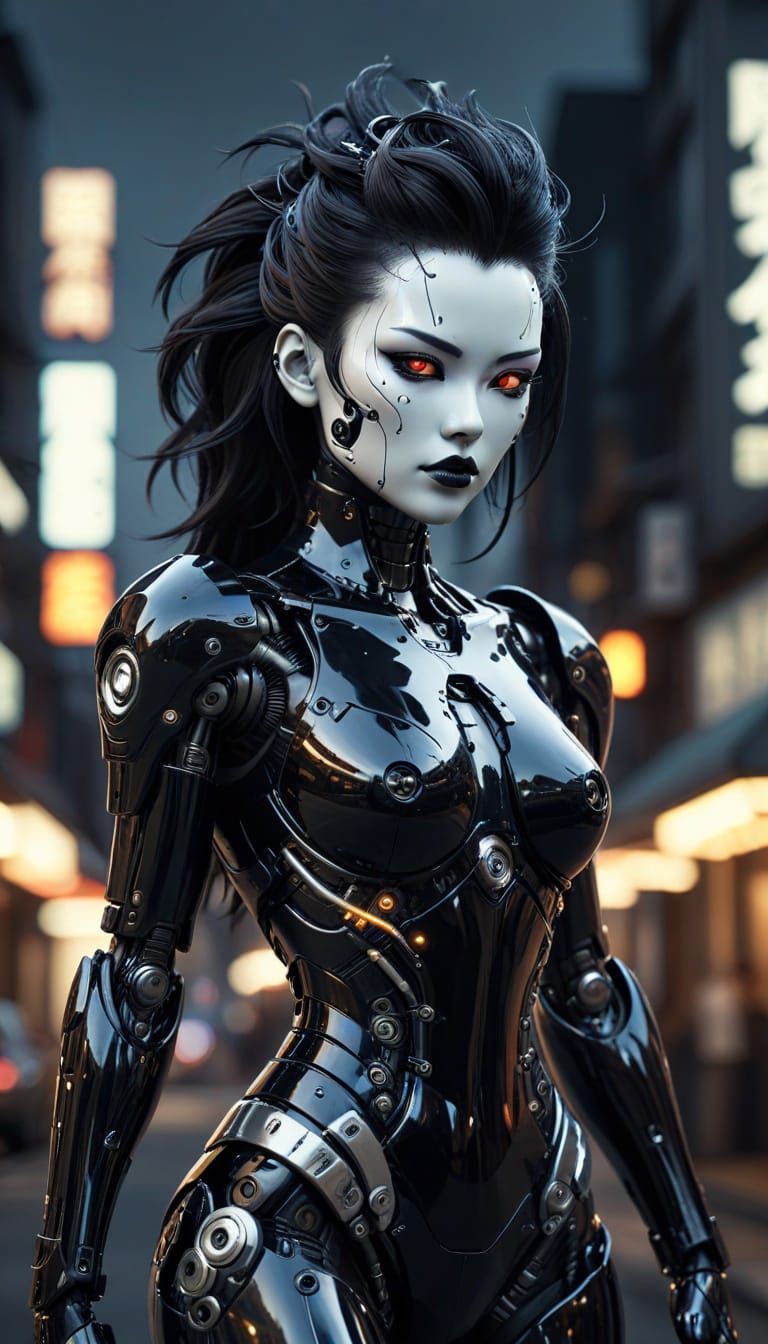 Gothic Gynoid Pinup in Cyberpunk Cityscape