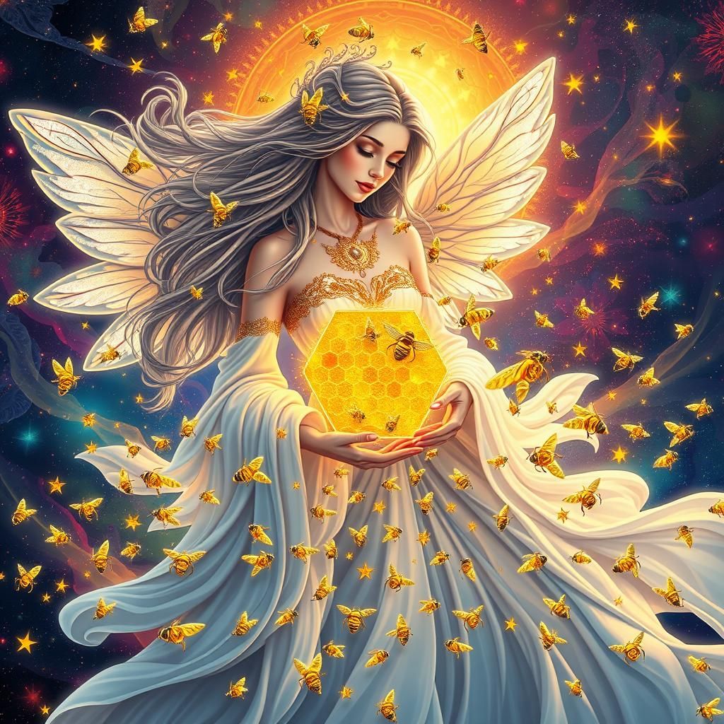 Astral Queen Bee with Honeycomb in Holographic Illustration