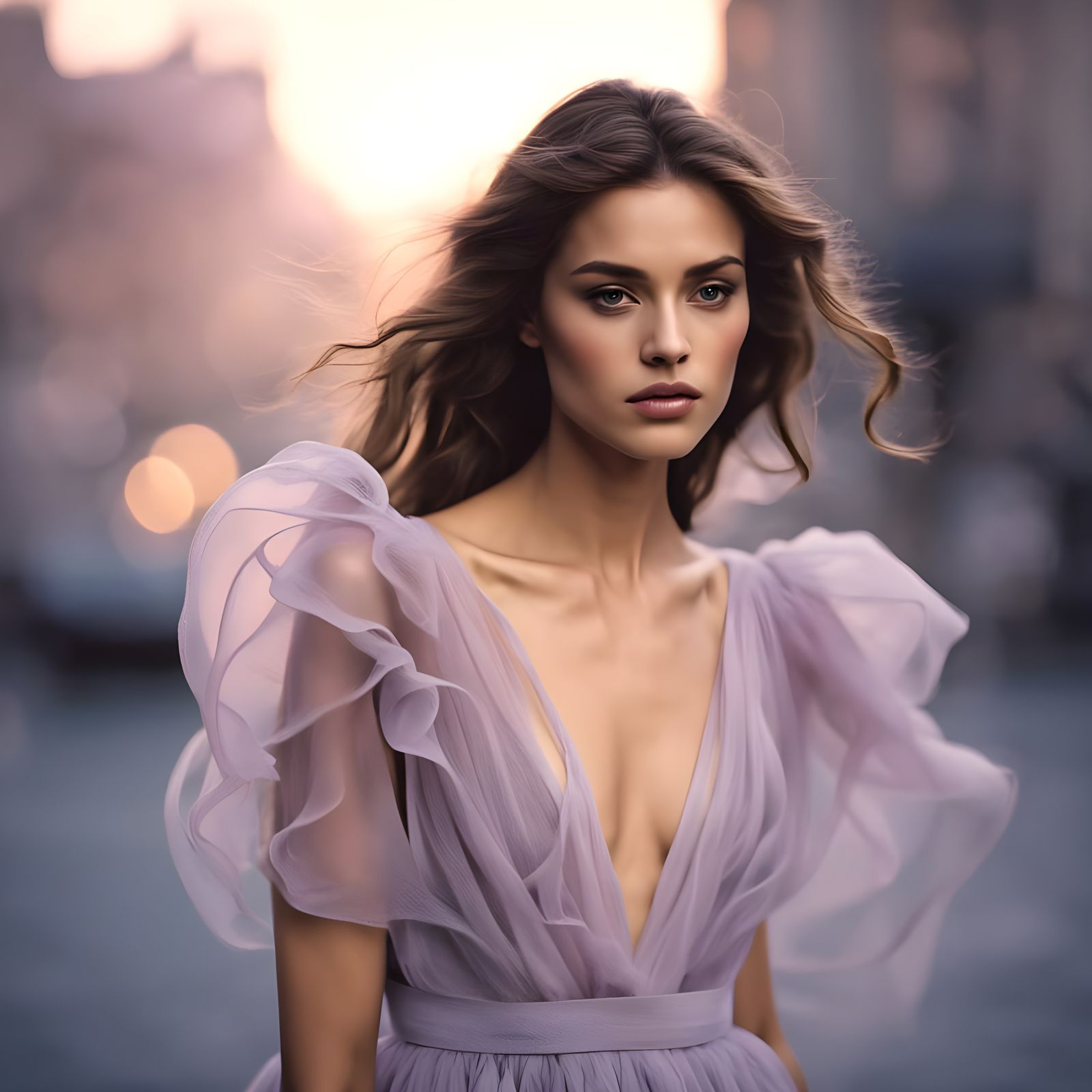 Portrait of Smiling Woman in Tulle Dress at Sunset