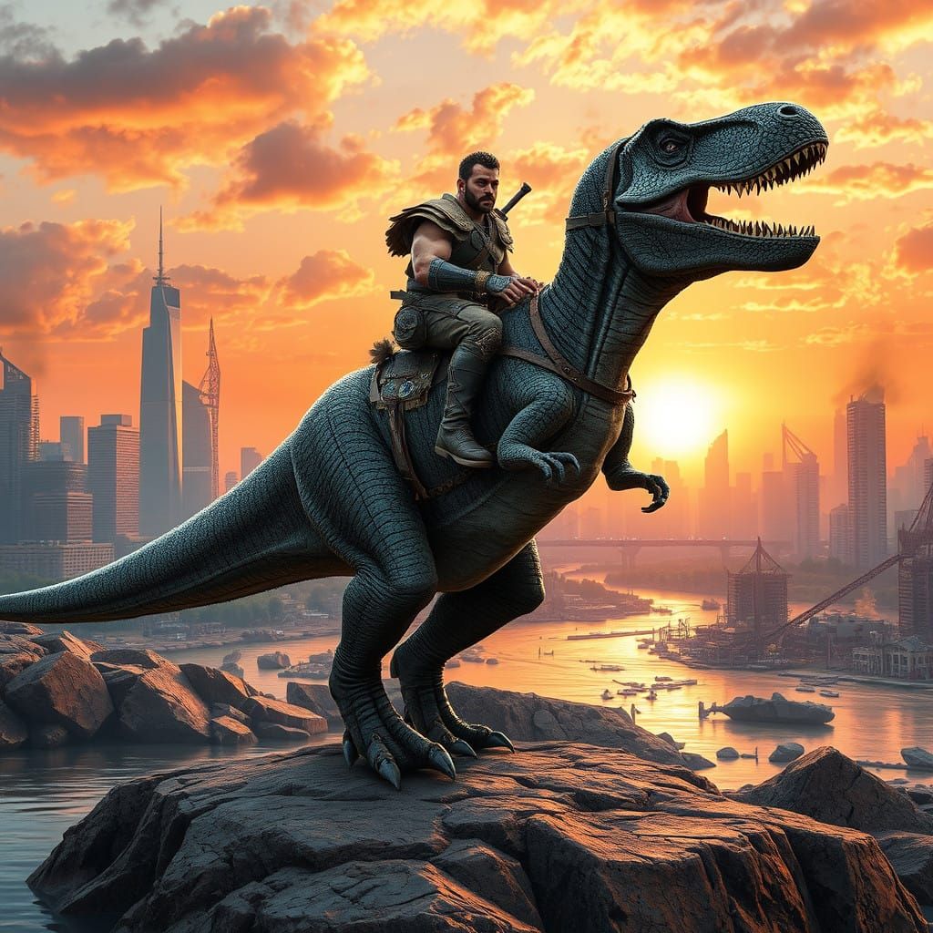 Warrior and T-Rex Stand Proud on Ruined Riverbank