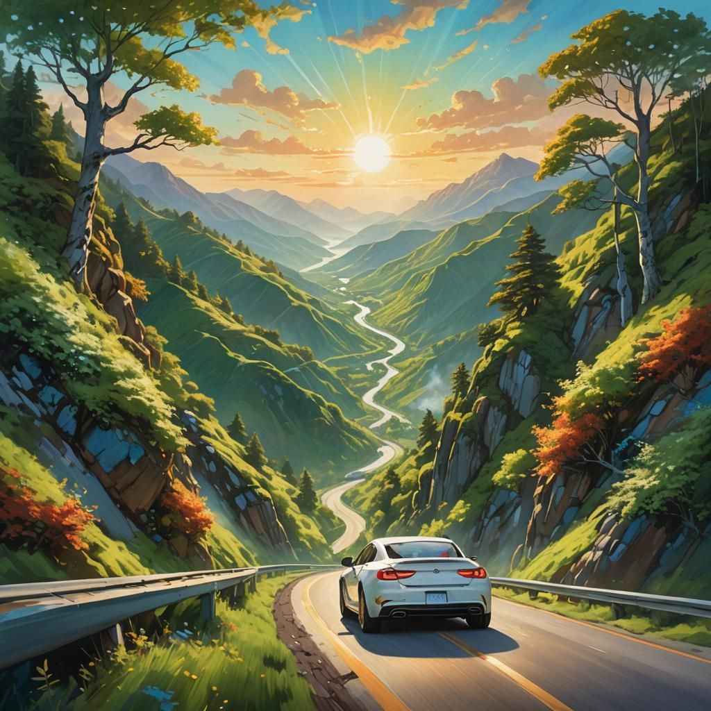 Majestic Drive Through Green Mountains: Oil Painting