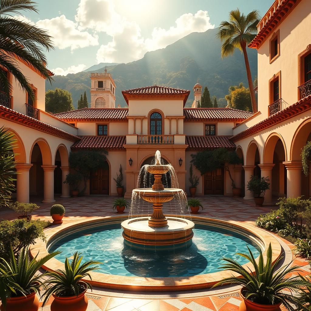 Andalucian House with Fountain: Hyperrealistic Digital Paint...