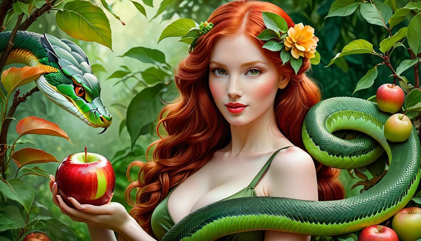 Redhead Eve in Eden Garden Watercolor Portrait