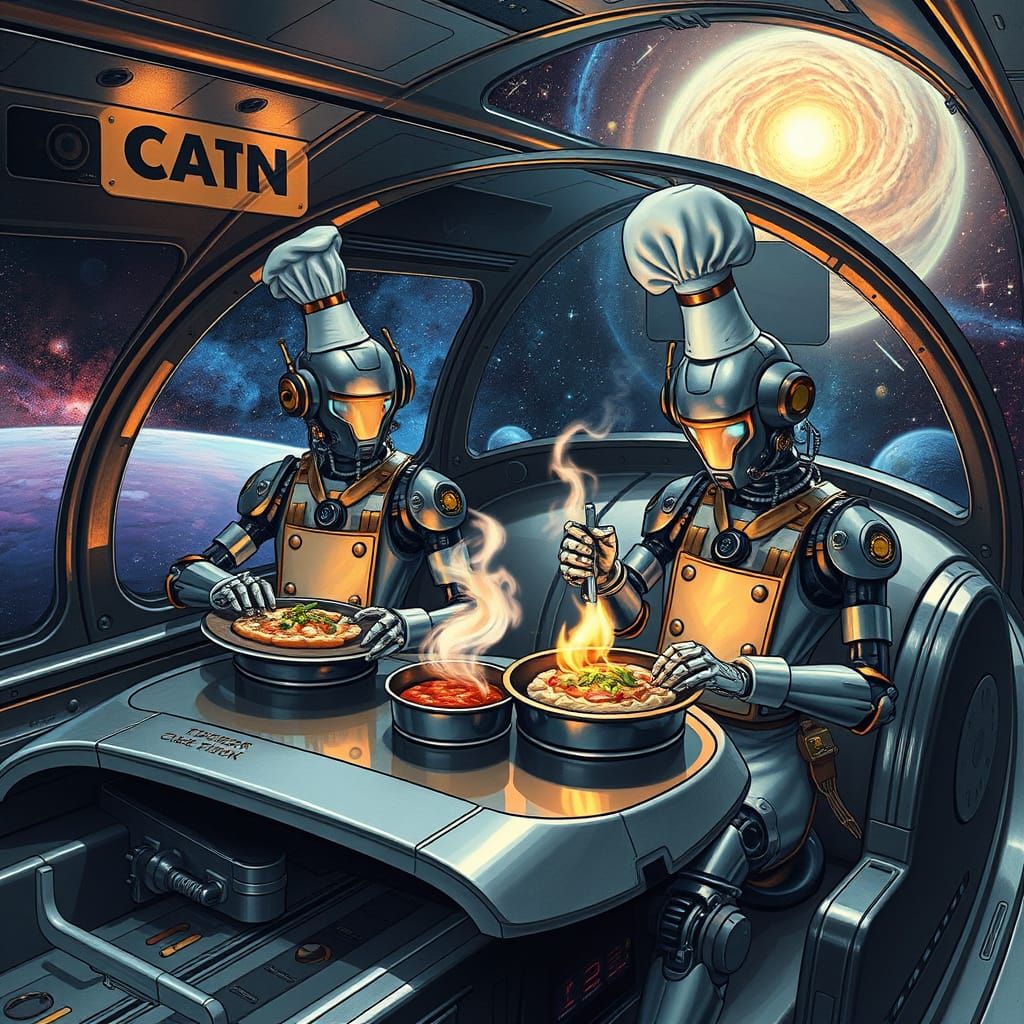 Robots in Futuristic Steampunk Spaceships Cooking Cosmic Cui...