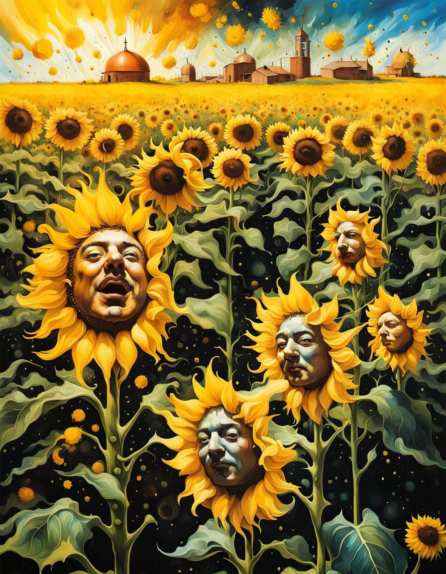 Surreal Ink Splatter Art: Sunflower Field