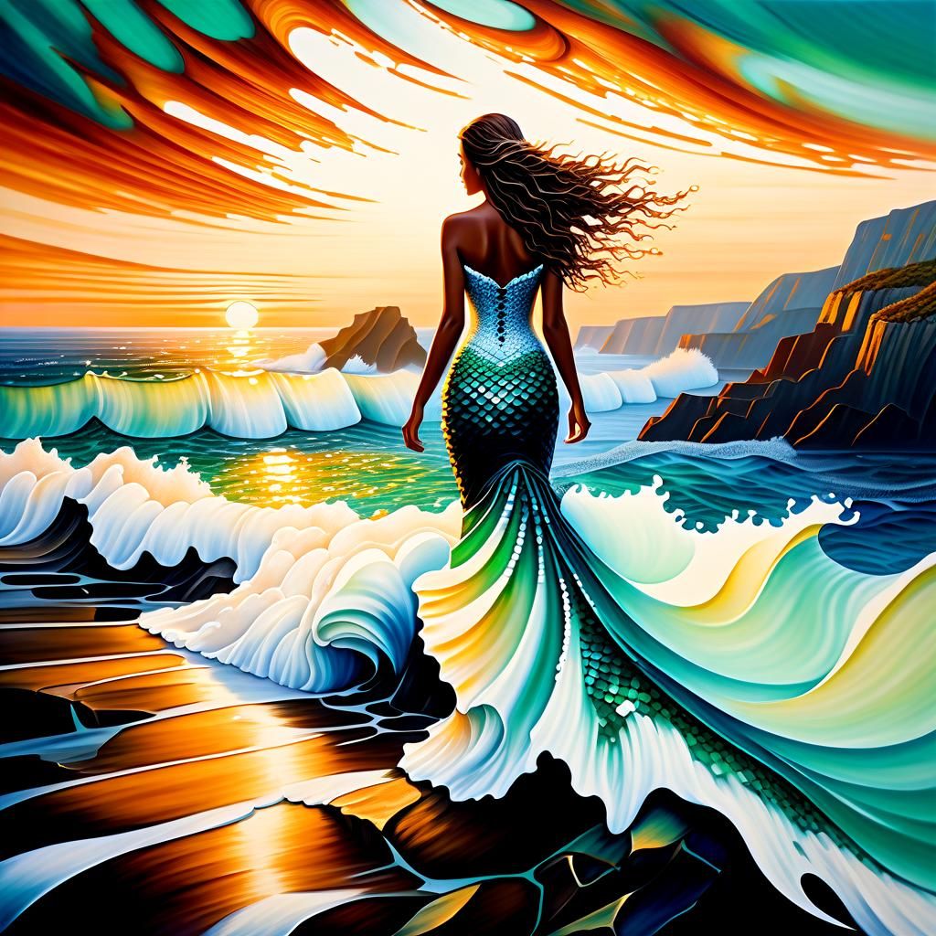 Mermaid Transformation at Sunrise: Seafoam and Cliffs