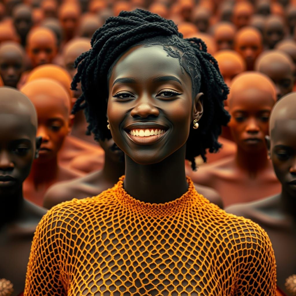 Smiling Woman in Fishnet Dress, Afrofuturist Art