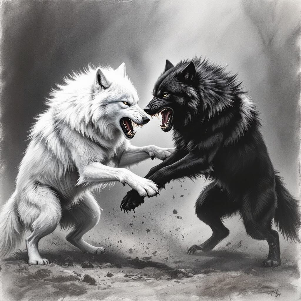 White and Black Wolves in Fierce Charcoal Battle