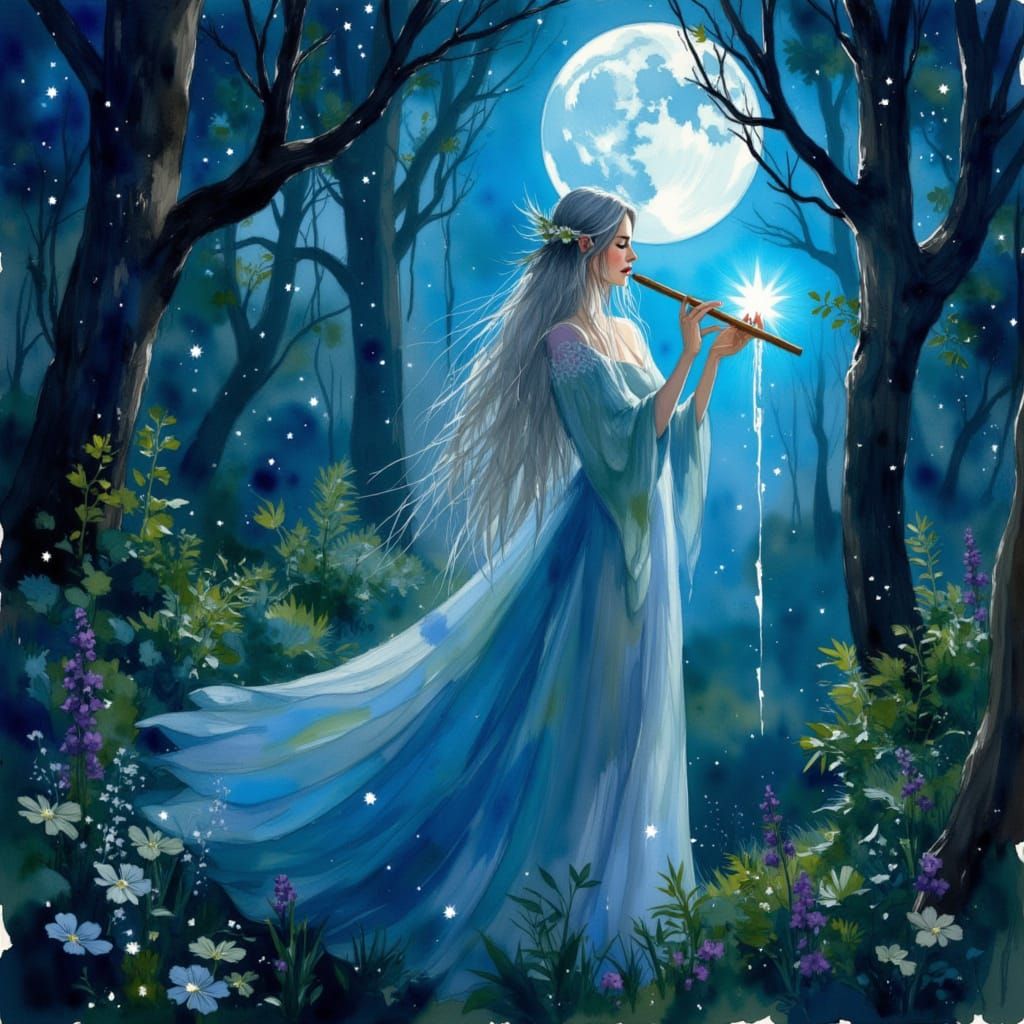 Elf Princess Plays Flute in Mystical Forest