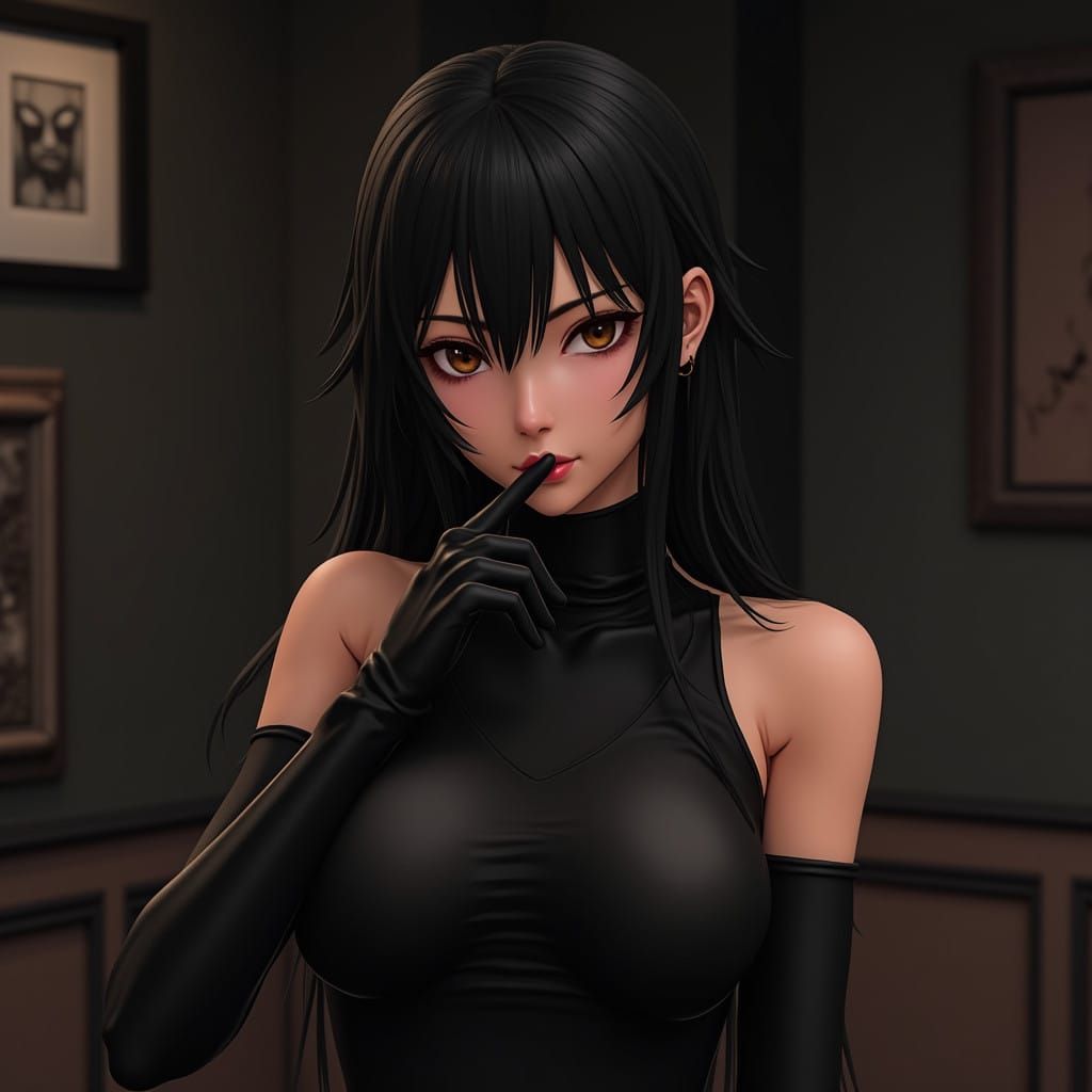 Mysterious Woman in Black Attire, Anime-Inspired