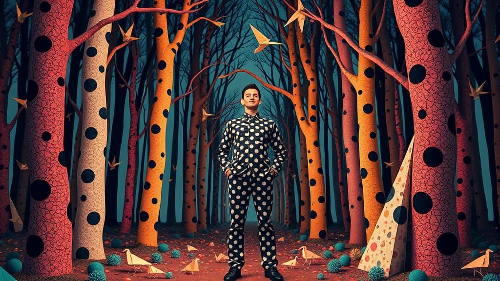 Man in Polka Dots in Graphic Forest, Pastel Colors