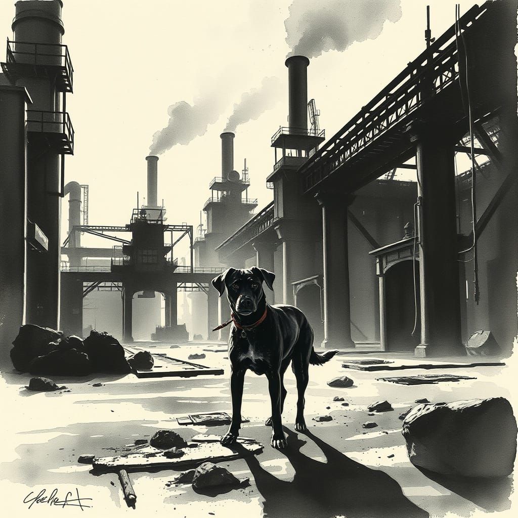 Stray Dog in 1920s Steel Mill: Monochromatic Ink Wash