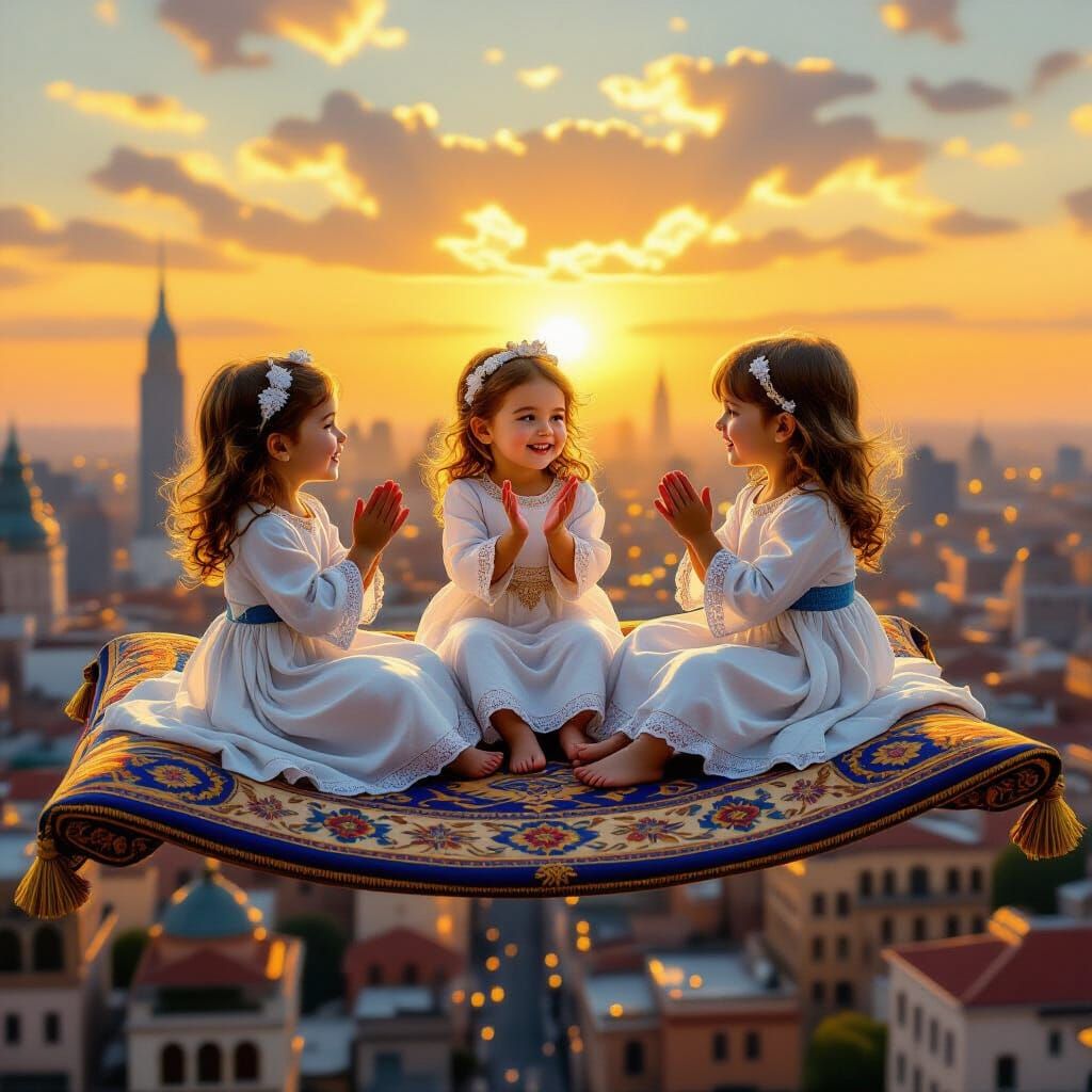 Girls on Magic Carpet Fly Over City in Hyperrealism