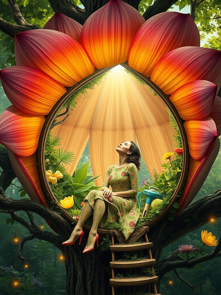 Whimsical Treehouse Blooms within a Giant Flower