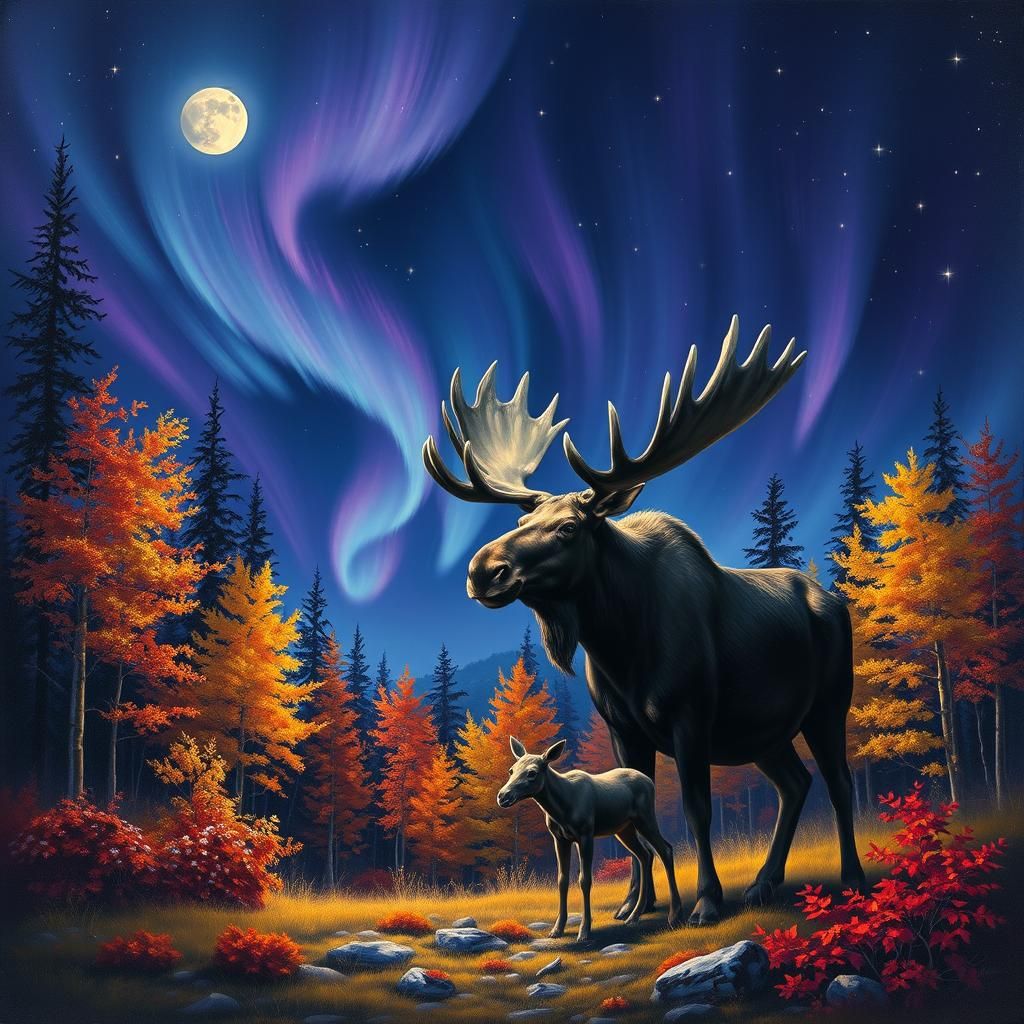 Moose Family Under Polar Lights, Romantic Oil Painting